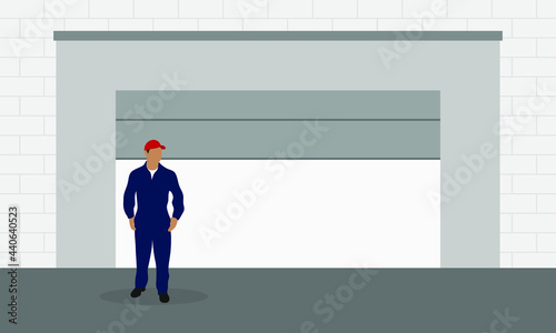 Male character in work overalls stands near an automatic gate