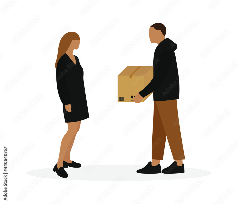 Obraz premium Female character and male character with cardboard box in hands stand together on white background