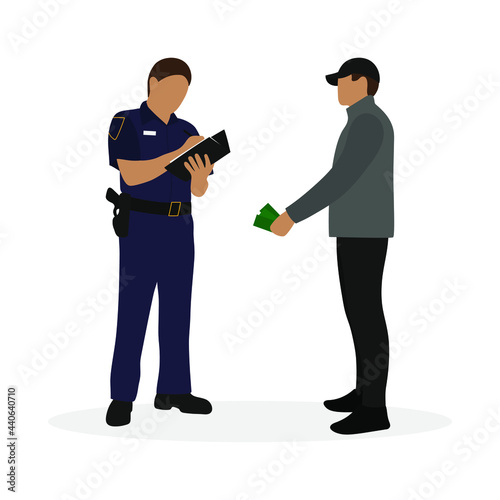 Male character giving money to police officer writing on sheet of paper