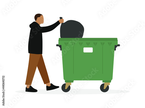 Male character throwing trash bag in trash can on white background