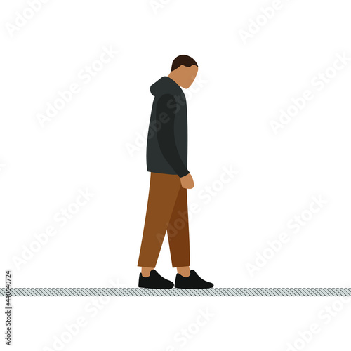 Male character standing on a tightrope and looking down on a white background