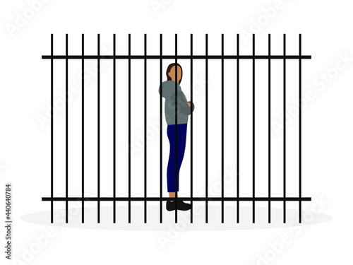 Female character with arms crossed on her chest stands behind an iron bars on a white background