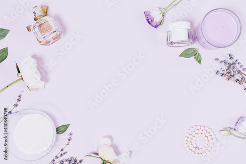 Feminine flat lay composition with flowers