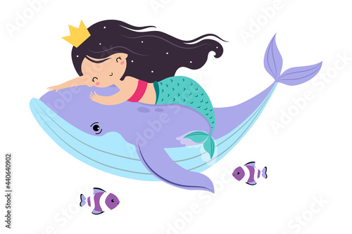 Mermaid with Crown on Her Head Floating Underwater with Whale Vector Illustration