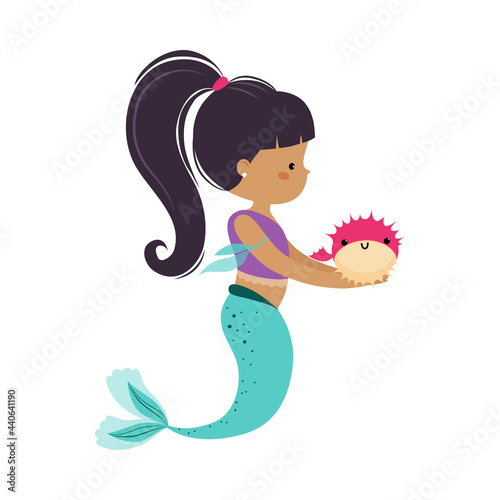 Mermaid with Ponytail Floating Underwater with Blowfish Vector Illustration