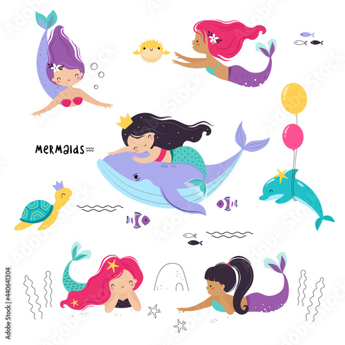 Mermaid and Sea Animals Floating Underwater Vector Set