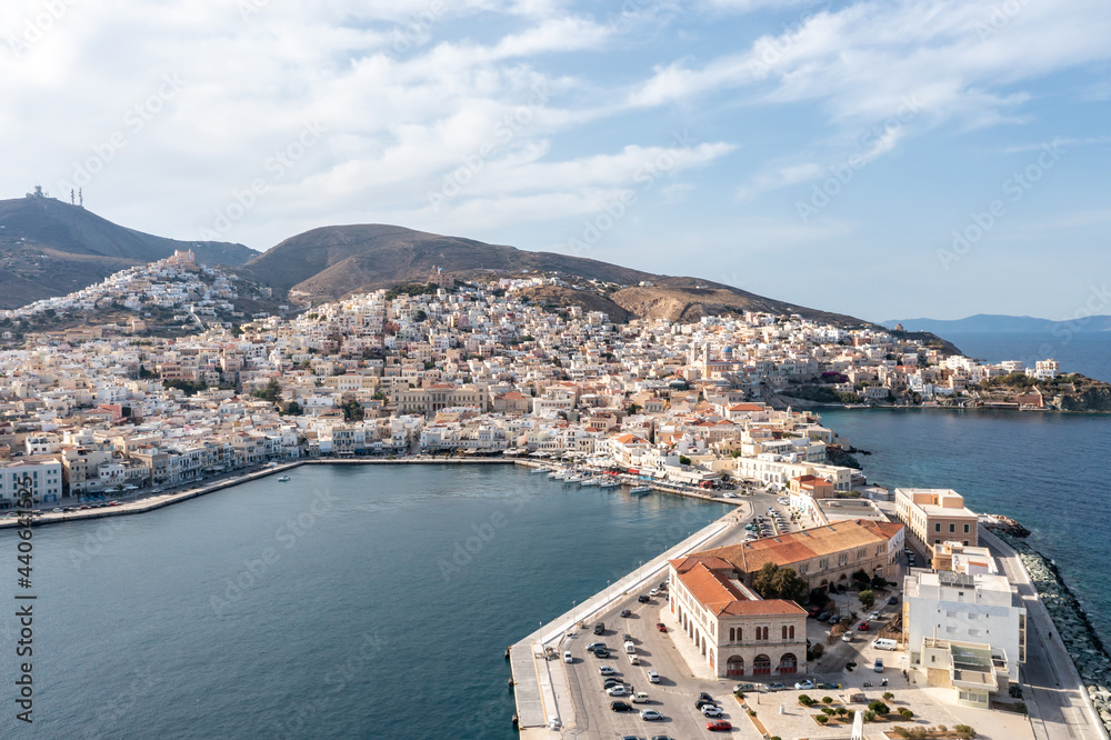 Syros island, Hermoupolis cityscape and port aerial drone view. Greece, Cyclades.