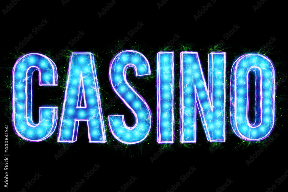 Neon casino inscription, on a black isolate background.Design template. Casino concept, gambling, header for the site. Copy space, 3D illustration, 3D render