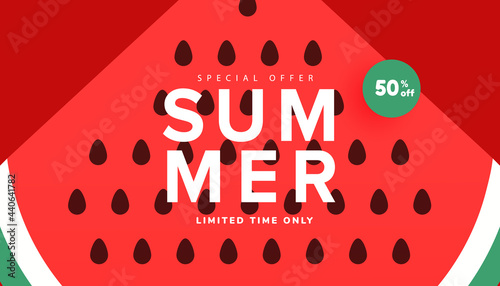 Vector watermelon background with black seeds. Season summer sale banner, hot season discount poster with ripe watermelon photo