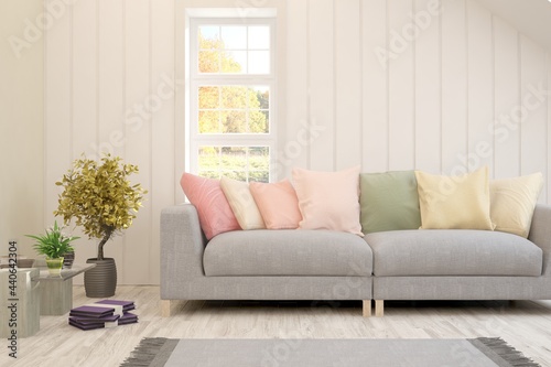 Stylish room in white color with sofa and autumn landscape in window. Scandinavian interior design. 3D illustration