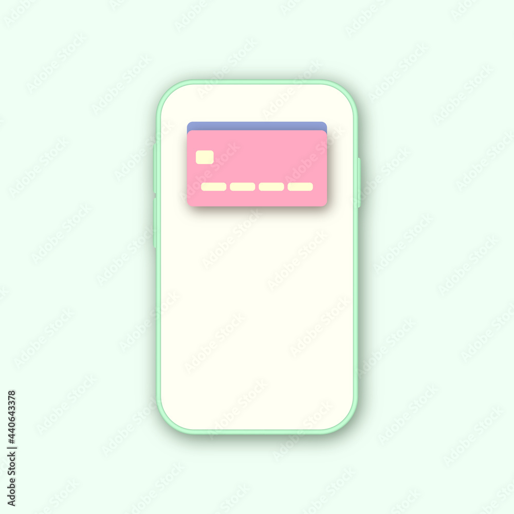 Smartphone with bank cards on the screen. Phone 3d render template. Concept of payments with phone. Contactless mobile payment and mobile banking. Secure online payment. Vector illustration Smartphone with bank cards on the screen. Phone 3d render template. Concept of payments with phone. Contactless mobile payment and mobile banking. Secure online payment. Vector illustration