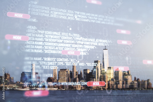 Abstract virtual coding illustration on New York cityscape background, software development concept. Multiexposure