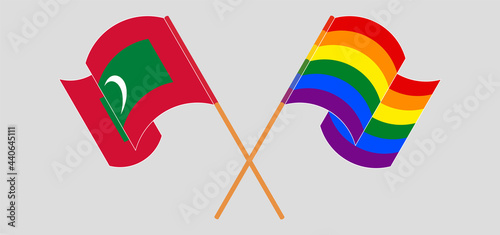 Crossed and waving flags of Maldives and LGBTQ
