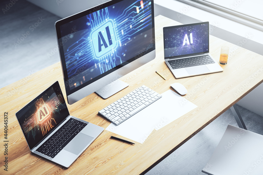 Modern computer monitor with creative artificial Intelligence icon. Neural networks and machine learning concept. 3D Rendering Modern computer monitor with creative artificial Intelligence icon. Neural networks and machine learning concept. 3D Rendering