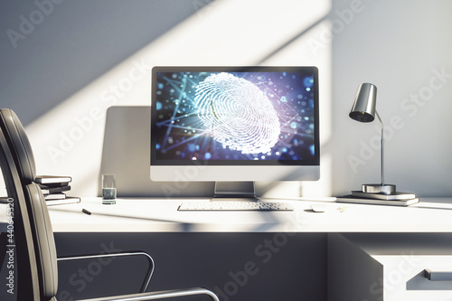 Abstract creative fingerprint illustration on modern laptop monitor, digital access concept. 3D Rendering © Pixels Hunter