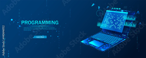 Software, web development, programming concept. Abstract programming language and program code on a laptop screen. Web development, coding, and programming. Polygonal style.