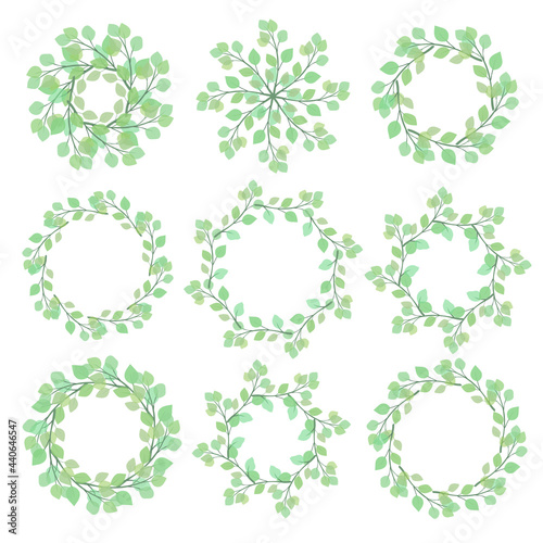 A set of different wreaths of light green and transparent foliage. Decorative items. Decorative round frame, template for text.