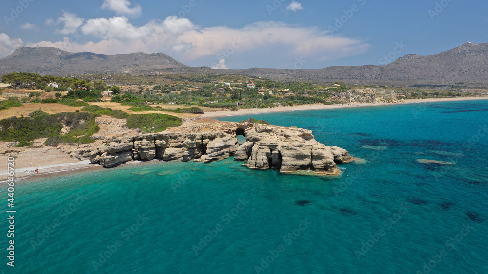 Obraz premium Aerial drone photo not so famous Limnitsa beach with strange rock formations near small picturesque village of Avlemonas, Kythira island, Ionian, Greece