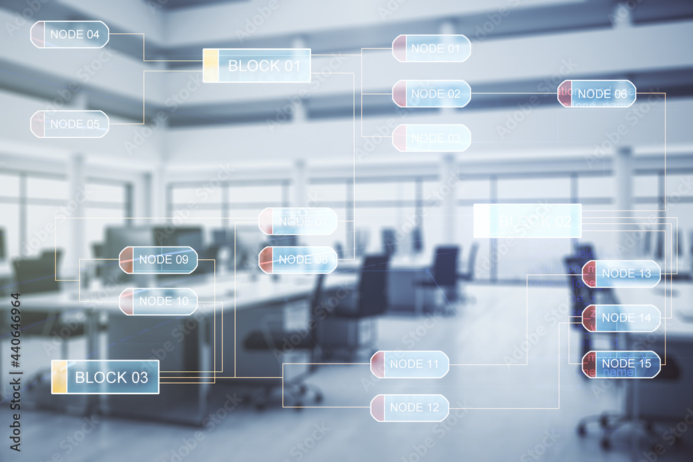 Fototapeta premium Multi exposure of abstract software development hologram on modern corporate office background, research and analytics concept