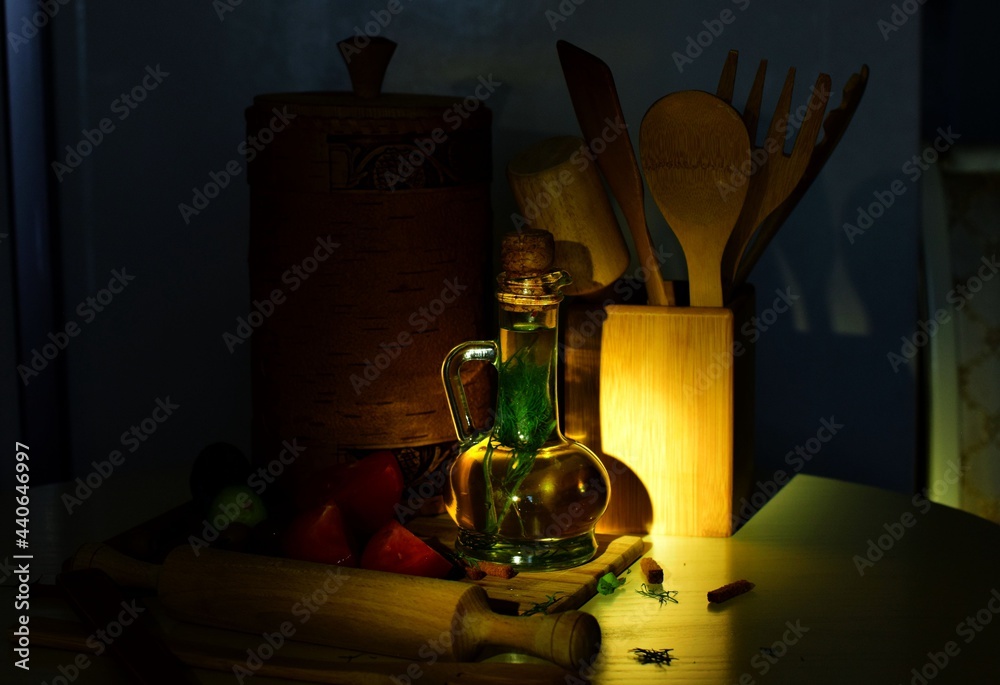 still life, olive oil and cooking utensils