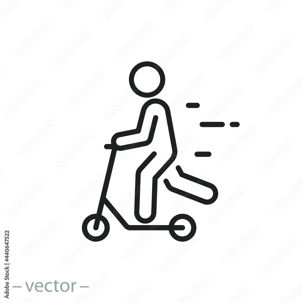 electric scooter with man icon, kick bike ride, fast city bicycle, people lifestyle, generation, motion future technology, thin line symbol on white background - editable stroke vector illustration electric scooter with man icon, kick bike ride, fast city bicycle, people lifestyle, generation, motion future technology, thin line symbol on white background - editable stroke vector illustration