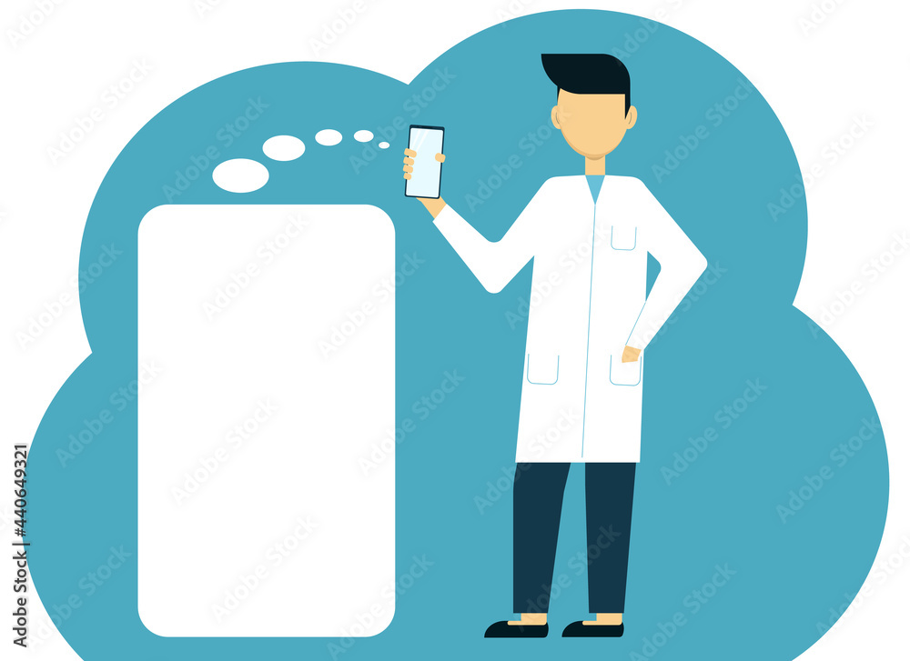 Illustration of a man doctor consultant with a phone. Place to place text Illustration of a man doctor consultant with a phone. Place to place text