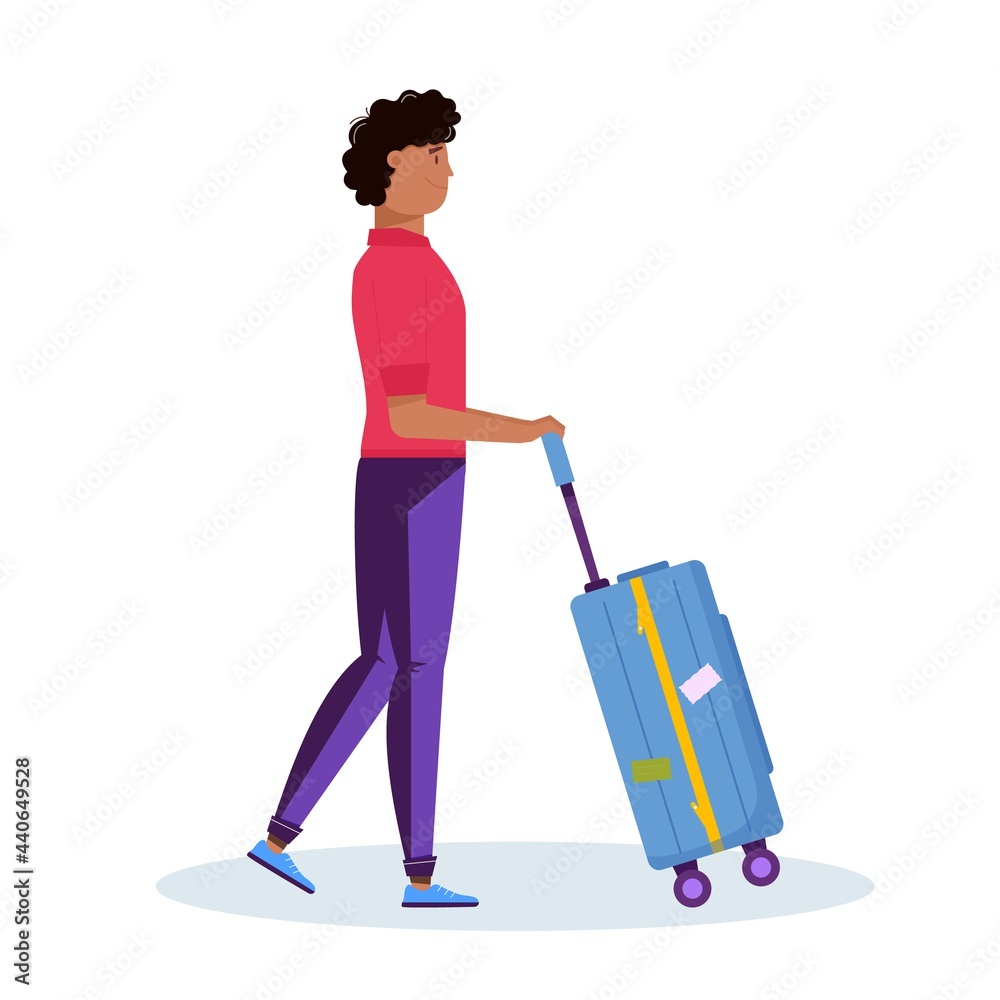Man holding luggage for adventure tourism, travel. Journey decorative design with suitcase, baggage for traveler. Flat cartoon trendy vector Man holding luggage for adventure tourism, travel. Journey decorative design with suitcase, baggage for traveler. Flat cartoon trendy vector