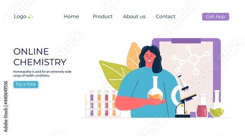 Online education chemistry concept. Woman with microscope in lab promo. template for banner, invitation, ad, landing page. Vecror modern design