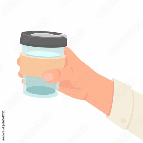 Man hand holding reusable thermo mug. World Environment day and Earth day concept. Thermo cup with water in man hand. Zero waste flat illustration. Man hand holding a drinking thermo mug.