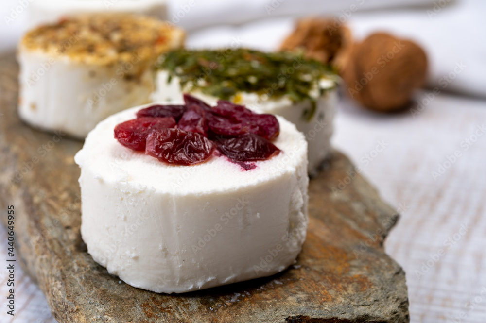 Cheese collection, variety of fresh white soft goat French cheeses with aromatic herbs, berries and green pesto Cheese collection, variety of fresh white soft goat French cheeses with aromatic herbs, berries and green pesto