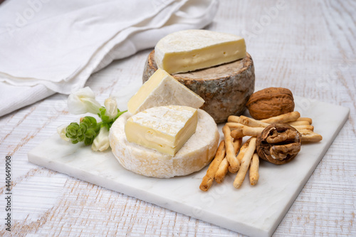 Fototapeta Naklejka Na Ścianę i Meble -  Cheese collection, fresh white soft cow cheese with mold from Swiss and tommette de savoie from France, cheese made in Alpine mountains