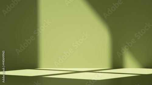 3d render, simple abstract green background with shadows and illuminated with bright sunlight going through the window. Modern minimal showcase scene for product presentation