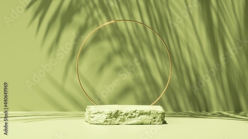 3d render, abstract green background with tropical leaves shadow and bright sunlight. Minimal scene with cobblestone stage and golden round frame for organic cosmetic product presentation