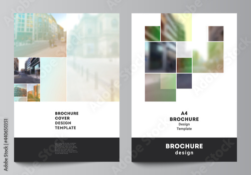 Vector layout of A4 cover mockups design templates for brochure, flyer layout, booklet, cover design, book design, brochure cover. Abstract project with clipping mask green squares for your photo.