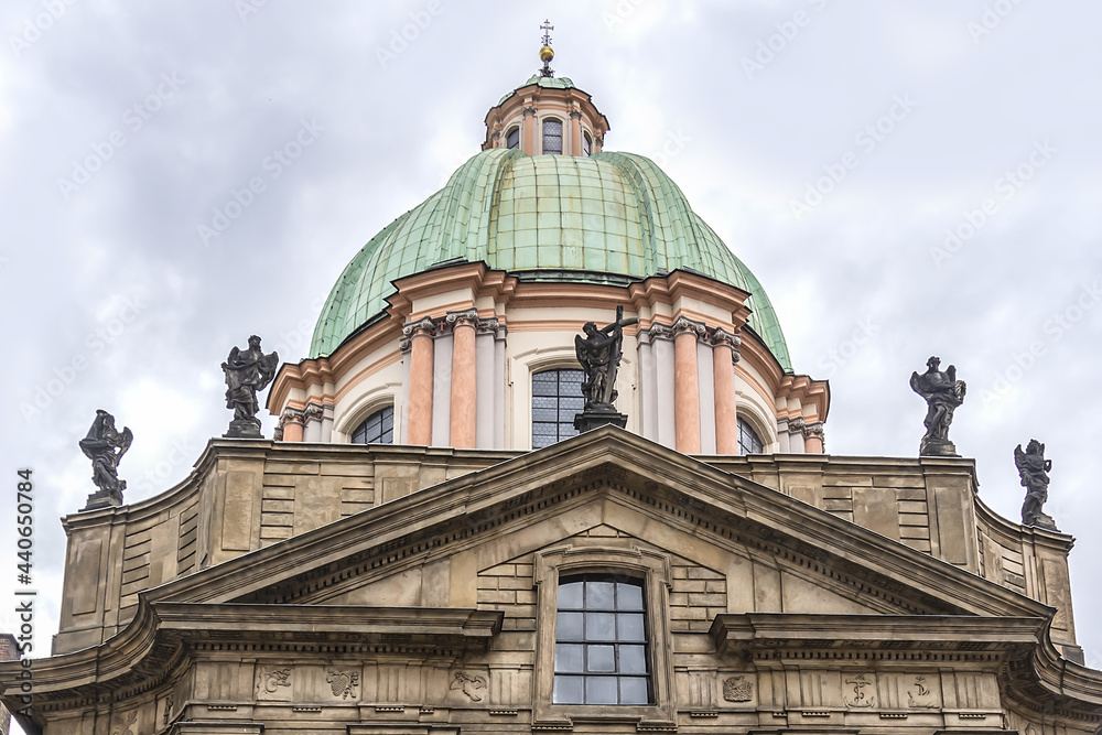 Church of St Francis Seraph (Kostel sv. Frantiska Serafinskeho) built by Knights of Cross with Red Star in 17th century. Old Town (Stare Mesto) of Prague, Czech Republic.