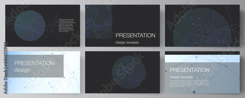 Vector layout of presentation slides design business templates, multipurpose template for presentation brochure, brochure cover, report. Blue medical background with connecting lines and dots, plexus.