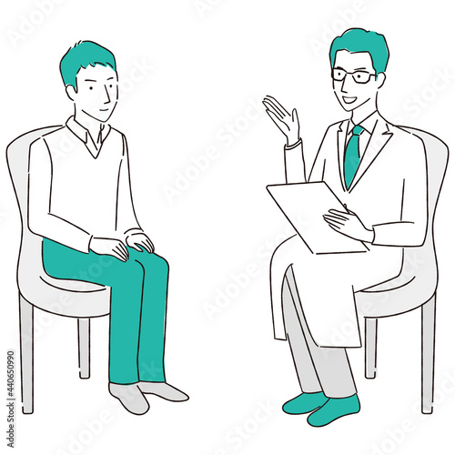 手描き1color 若い男性　診療・ 検診・診察　対面　医者