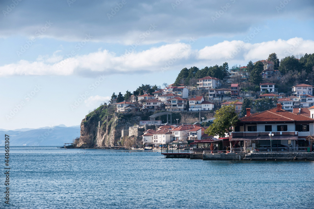 Panoramic view of an old city of Ohrid in early morning hours