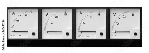 Vintage analogue ammeter and voltmeter isolated on white background photo