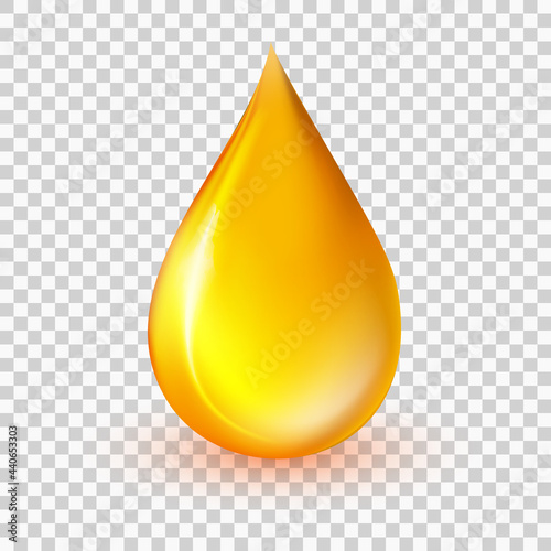 Oil drop vector illustration. Realistic yellow liquid droplet isolated on transparent background. Golden collagen essence, 3d honey drip icon. Industrial and petroleum concept. Illustration EPS10
