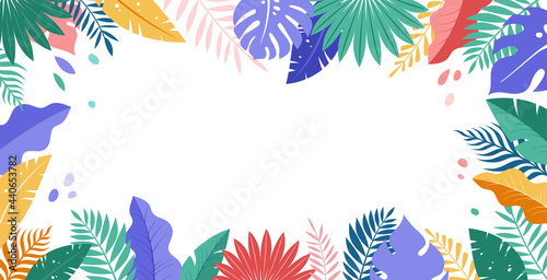 Hello Summer concept design, summer panorama, abstract illustration with jungle exotic leaves, colorful design, summer background and banner
