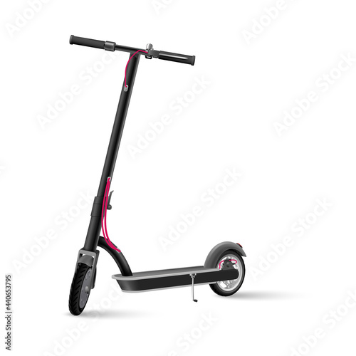 Black electric kick scooter on white background realistic vector illustration.