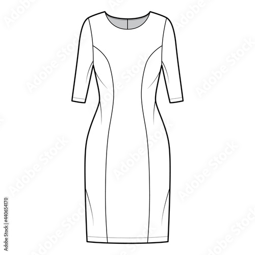 Dress princess line technical fashion illustration with elbow sleeves, fitted body, knee length pencil skirt. Flat apparel front, white color style. Women, men unisex CAD mockup