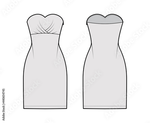 Dress tube technical fashion illustration with strapless, fitted body, knee length pencil skirt. Flat apparel front, back, grey color style. Women, men unisex CAD mockup