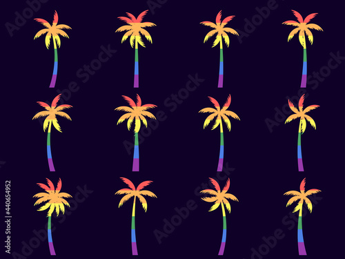 Set of rainbow palm tree isolated on black background. Large collection of palm tree designs for LGBT Pride Month. Vector illustration