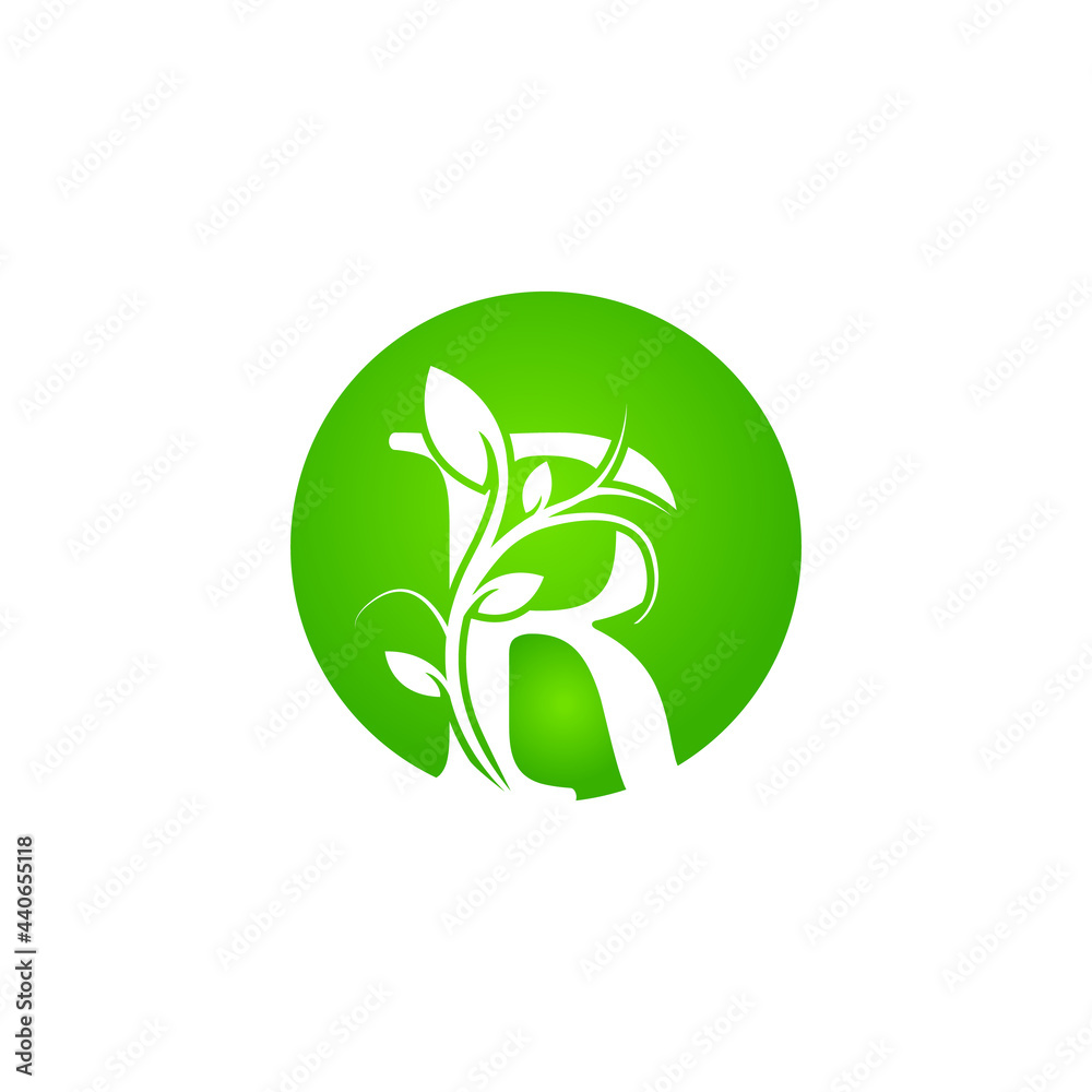 Obraz premium Letter R Health SPA Logo. Green Floral Alphabet Logo with Leaves. Usable for Business, Fashion, Cosmetics, Spa, Science, Healthcare, Medical and Nature Logos.