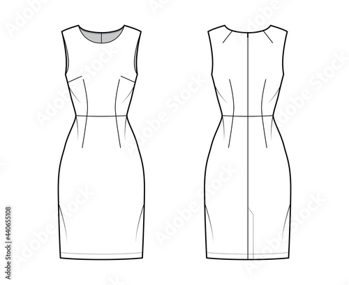 Dress sheath technical fashion illustration with sleeveless, natural waistline, fitted body, knee length pencil skirt. Flat apparel front, back, white color style. Women, men unisex CAD mockup