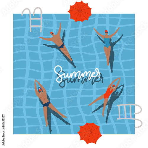 Pool Top view with umbrellas, summer holidays banner. People swimming, relax, have a fun time in swimming pool. Vector flat illustration with lettering text. Summer time poster. Young men and women