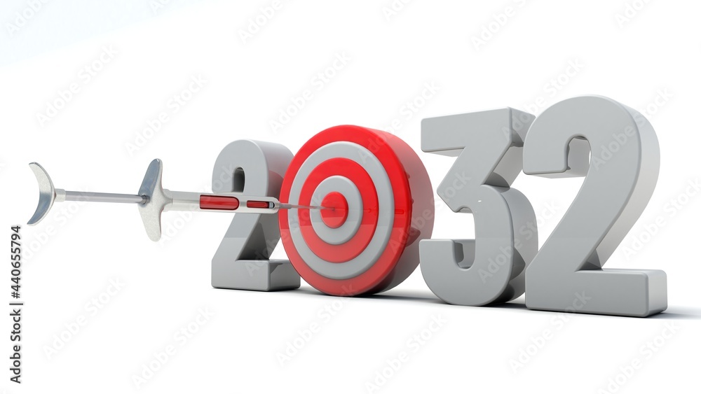 3D illustration of number 2032 with a syringe target concept 3D illustration of number 2032 with a syringe target concept