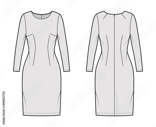 Dress sheath technical fashion illustration with long sleeves, fitted body, knee length pencil skirt. Flat apparel front, back, grey color style. Women, men unisex CAD mockup